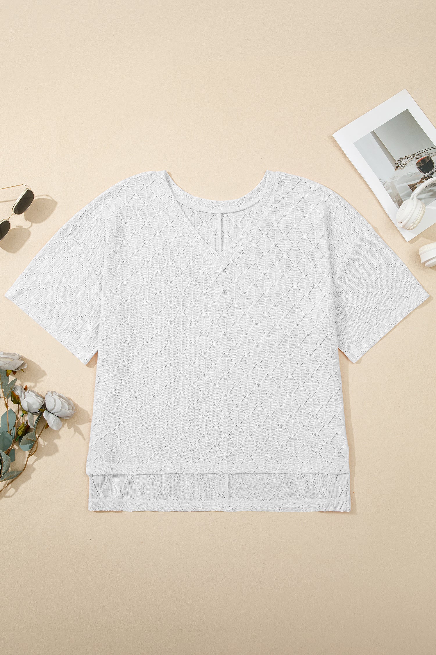 Black Pointelle Rhombus Knit Plus Size V Neck Loose Top