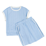 Beau Blue Contrast Trim Textured Crewneck Top and Pocketed Skirt Set