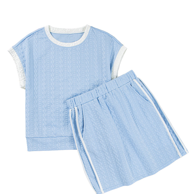 Beau Blue Contrast Trim Textured Crewneck Top and Pocketed Skirt Set