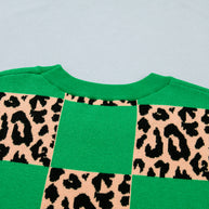 Green Plus Size Leopard Contrasted Checkered Short Sleeve Sweater