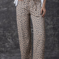 Khaki Leopard Print Drawstring Waist Pocketed Wide Leg Jeans