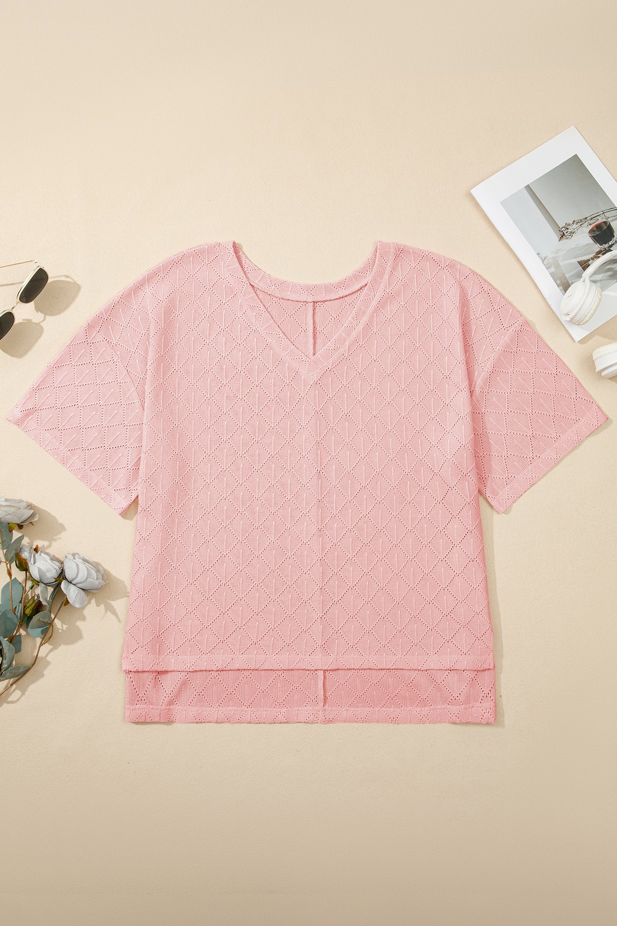 Black Pointelle Rhombus Knit Plus Size V Neck Loose Top