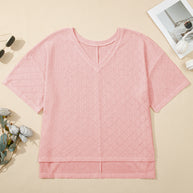 Black Pointelle Rhombus Knit Plus Size V Neck Loose Top