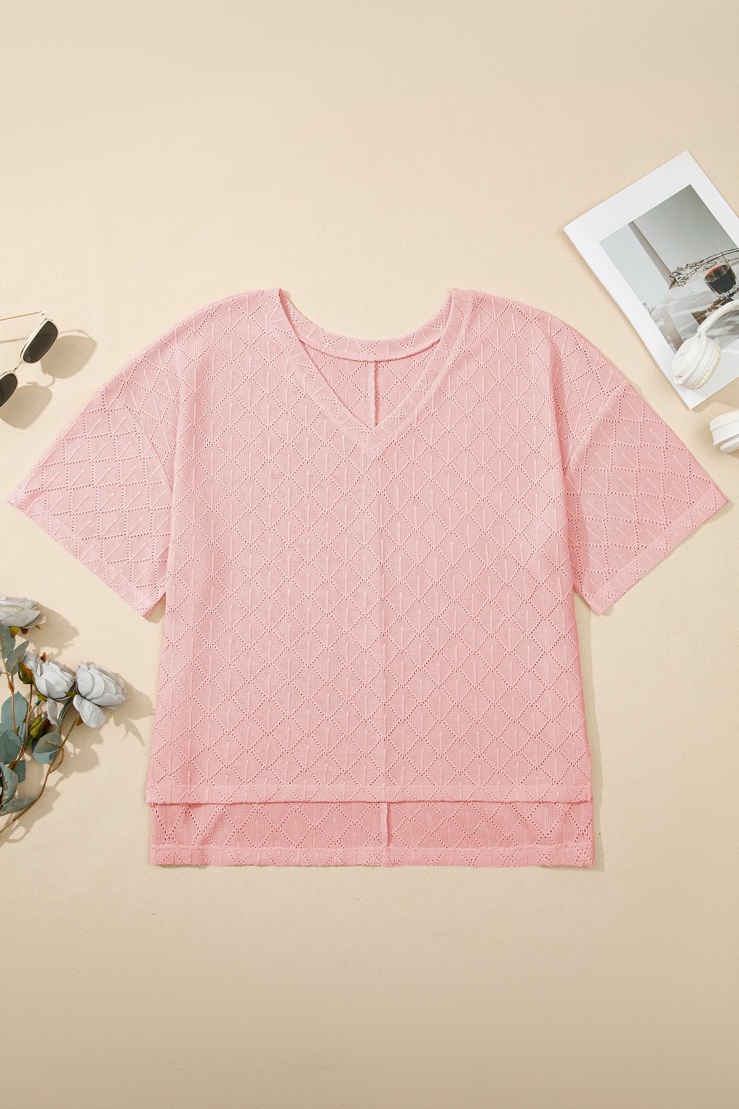 Black Pointelle Rhombus Knit Plus Size V Neck Loose Top