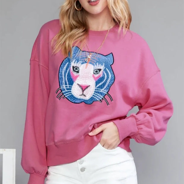 Bright Pink Embroidered Tiger Sweatshirt