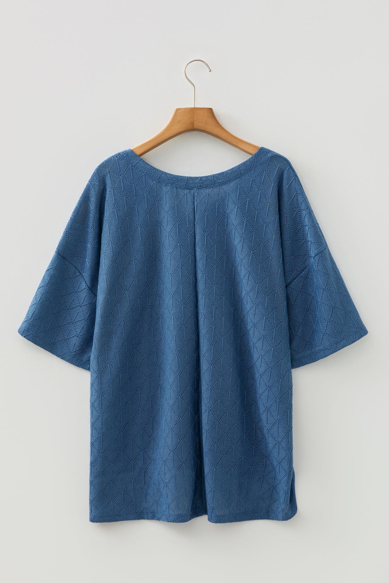 Black Pointelle Rhombus Knit Plus Size V Neck Loose Top