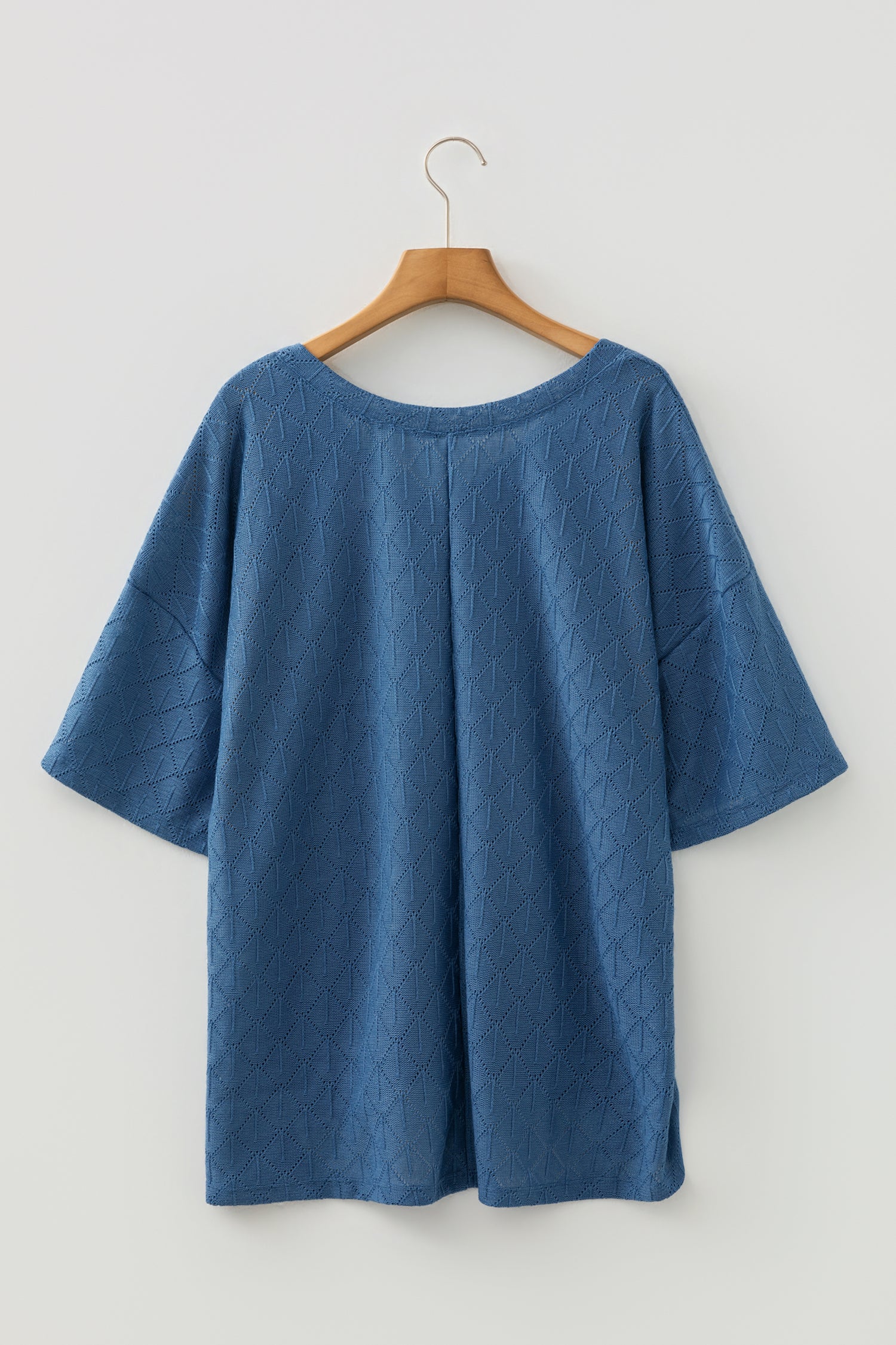 Black Pointelle Rhombus Knit Plus Size V Neck Loose Top