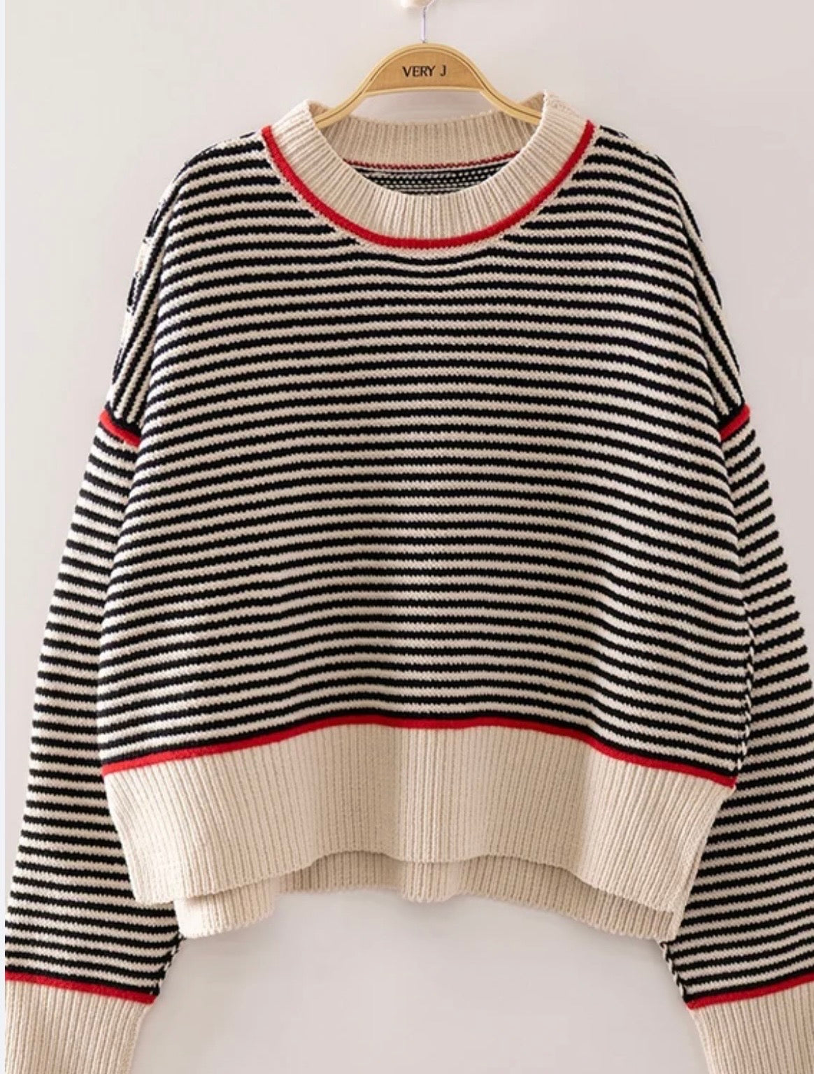 Black Striped Sweater Accented in Red