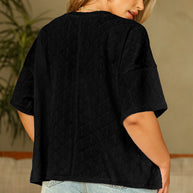 Black Pointelle Rhombus Knit Plus Size V Neck Loose Top