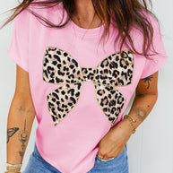 Black Leopard Bow Embroidered Cotton Round Neck T Shirt