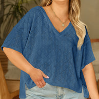 Black Pointelle Rhombus Knit Plus Size V Neck Loose Top