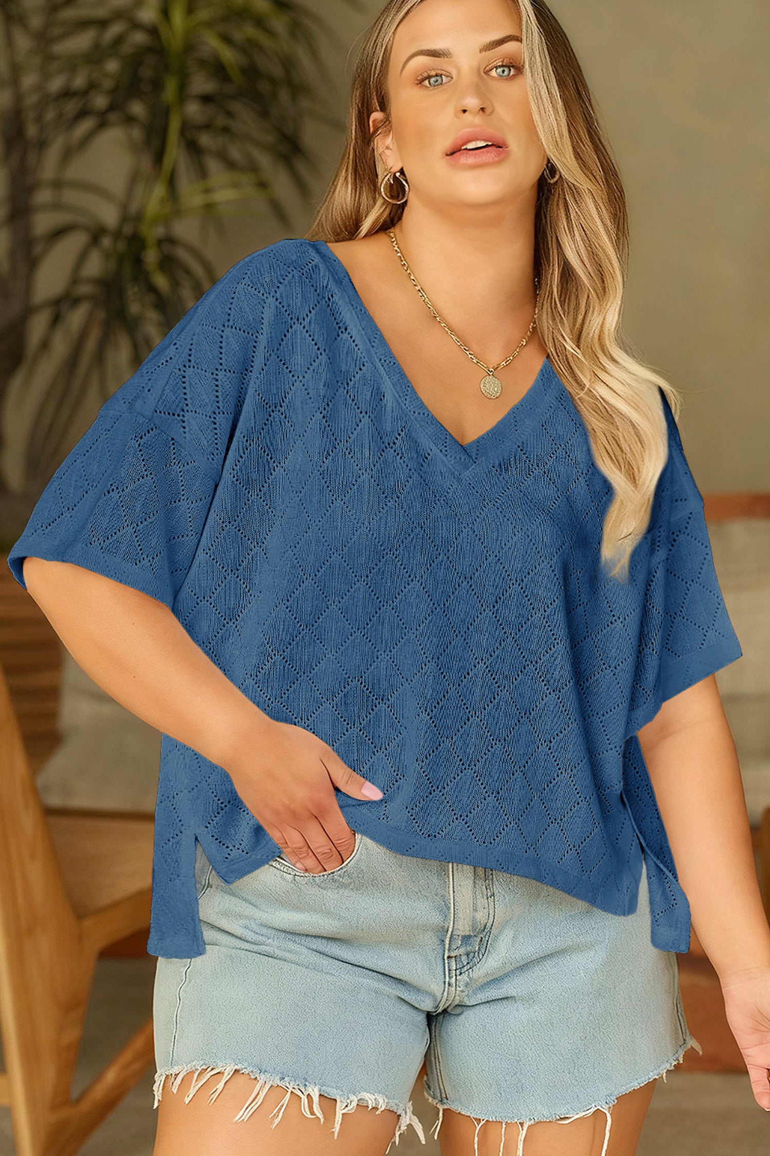Black Pointelle Rhombus Knit Plus Size V Neck Loose Top