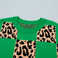 Green Plus Size Leopard Contrasted Checkered Short Sleeve Sweater