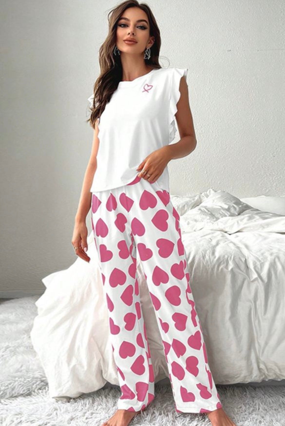 Pink Heart Ruffle Top PJ Set