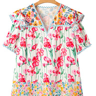 Pink Plus Size Floral Print Striped Trim V Neck Blouse