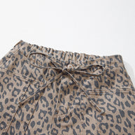Khaki Leopard Print Drawstring Waist Pocketed Wide Leg Jeans