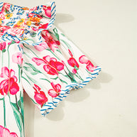 Pink Plus Size Floral Print Striped Trim V Neck Blouse