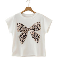 Black Leopard Bow Embroidered Cotton Round Neck T Shirt