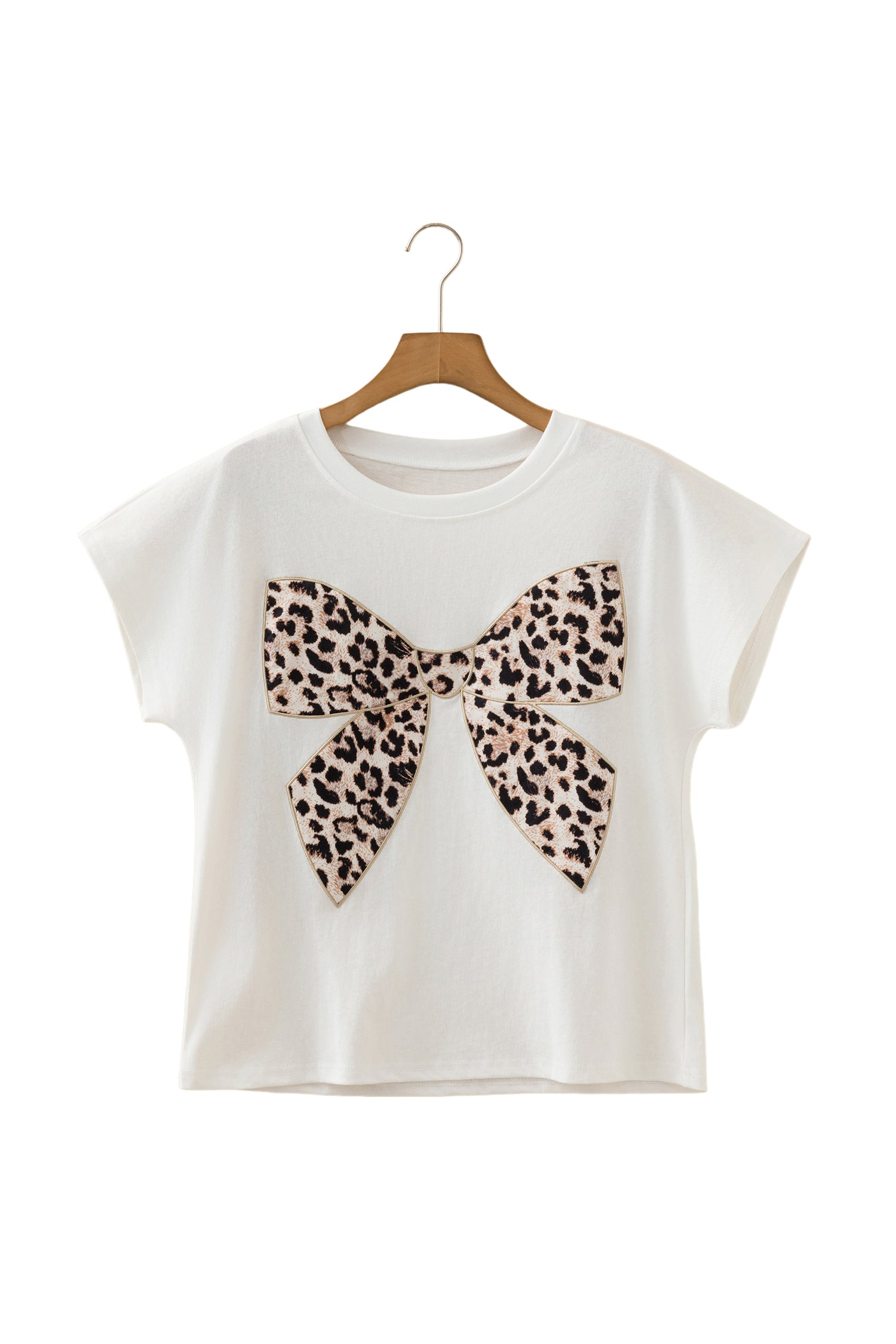Black Leopard Bow Embroidered Cotton Round Neck T Shirt