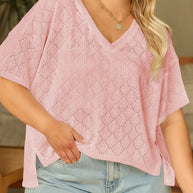 Black Pointelle Rhombus Knit Plus Size V Neck Loose Top