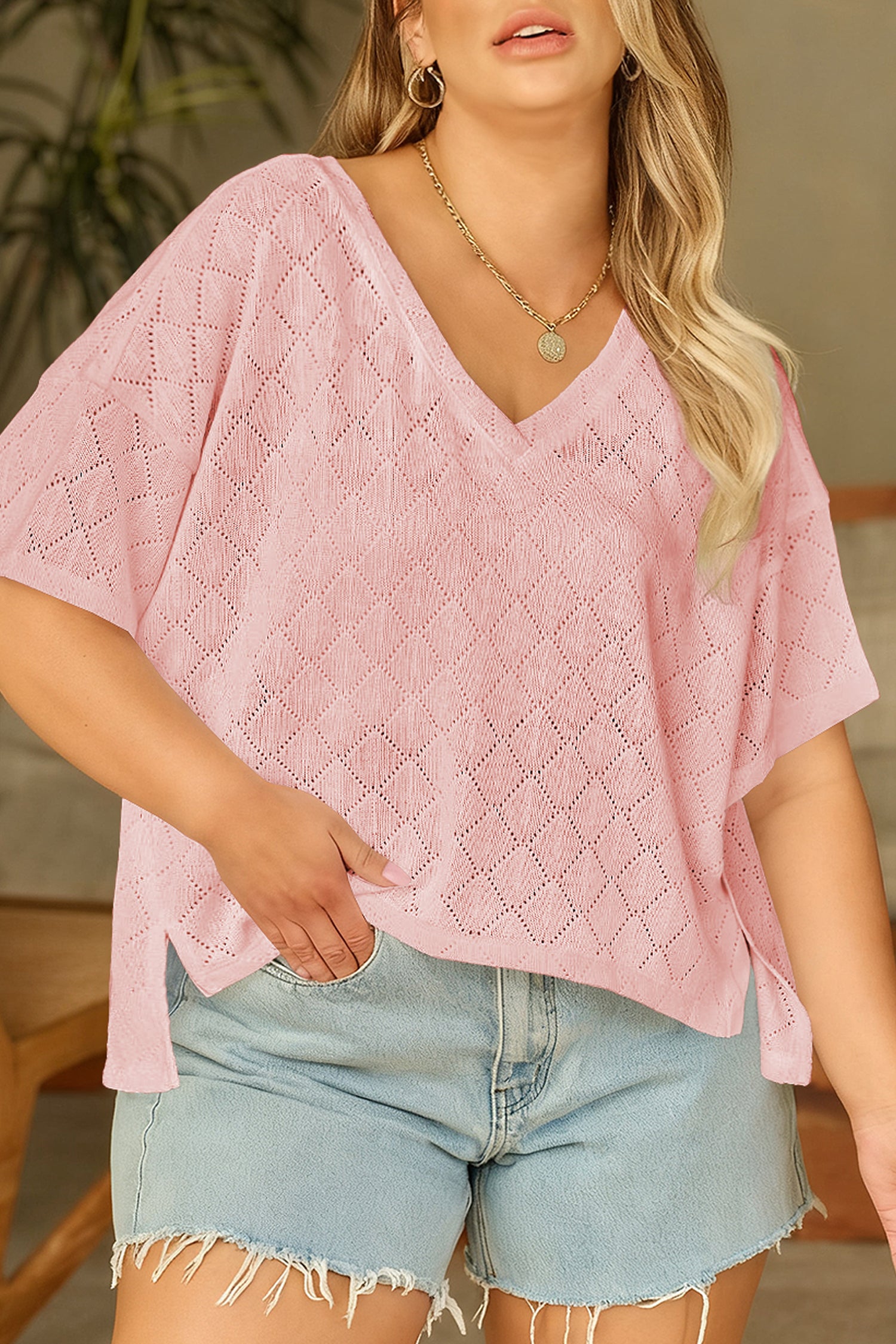 Black Pointelle Rhombus Knit Plus Size V Neck Loose Top