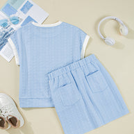 Beau Blue Contrast Trim Textured Crewneck Top and Pocketed Skirt Set