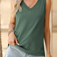 Mist Green Contrast Trim V-Neck Loose Fit Tank Top