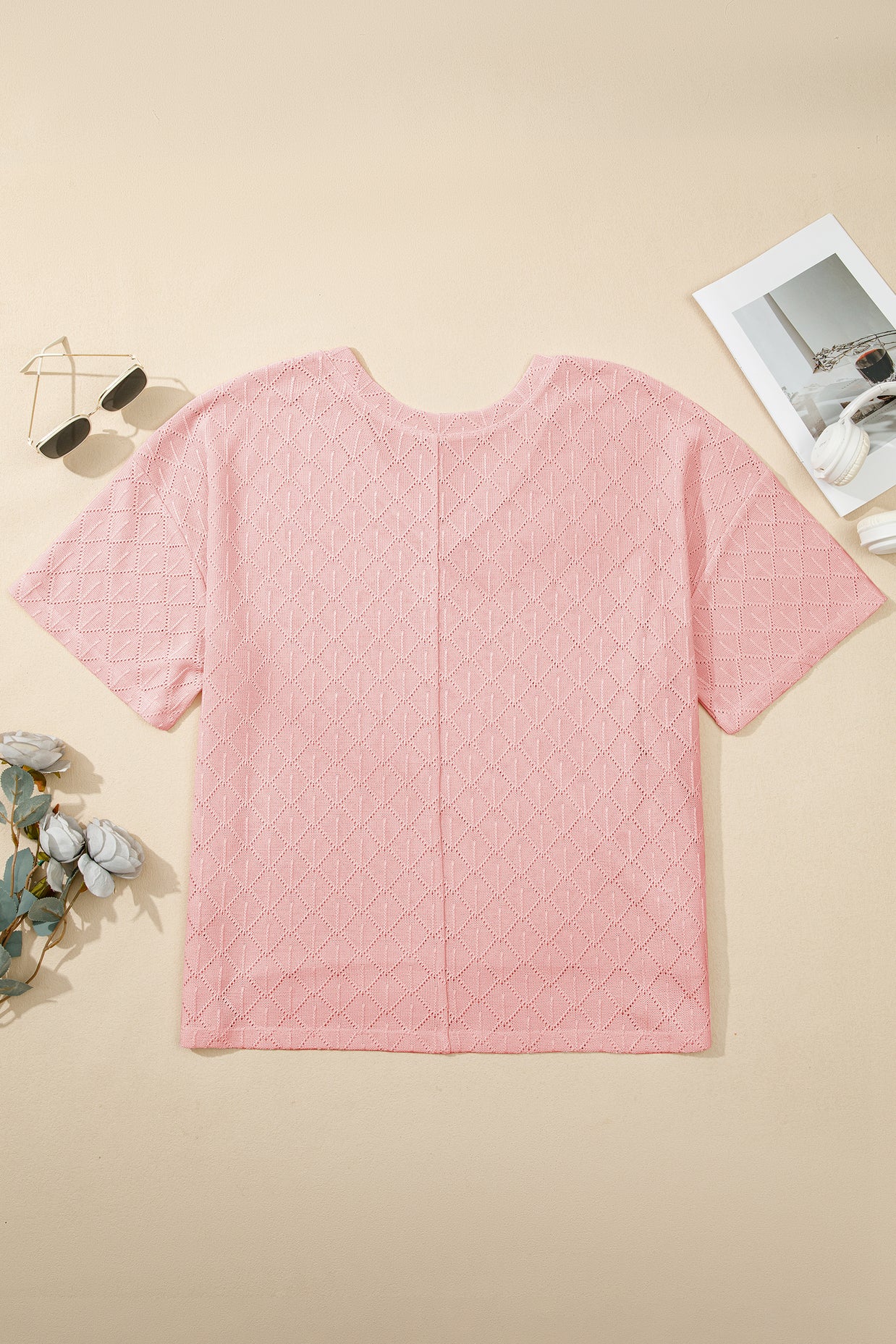 Black Pointelle Rhombus Knit Plus Size V Neck Loose Top