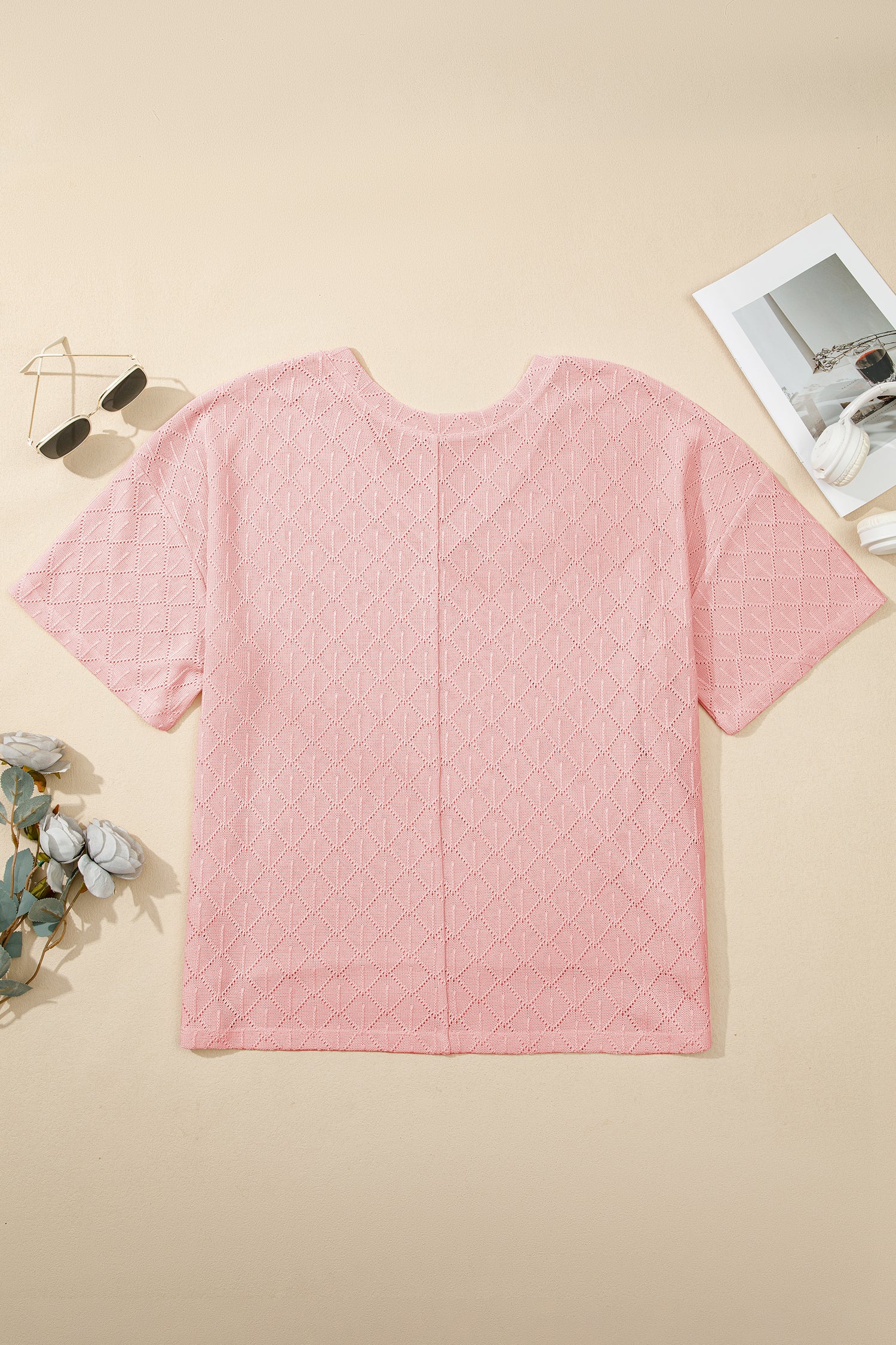 Black Pointelle Rhombus Knit Plus Size V Neck Loose Top