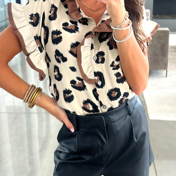 Khaki Leopard Printed Ruffle Sleeve Summer Blouse