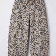 Khaki Leopard Print Drawstring Waist Pocketed Wide Leg Jeans