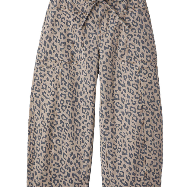 Khaki Leopard Print Drawstring Waist Pocketed Wide Leg Jeans