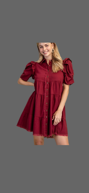 Tiered Button Down Dress With Puffed Sleeves and Raw Hem