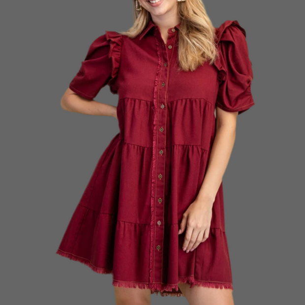 Tiered Button Down Dress With Puffed Sleeves and Raw Hem