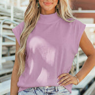 Yellow Solid Color High Neck Cap Sleeve Loose Top