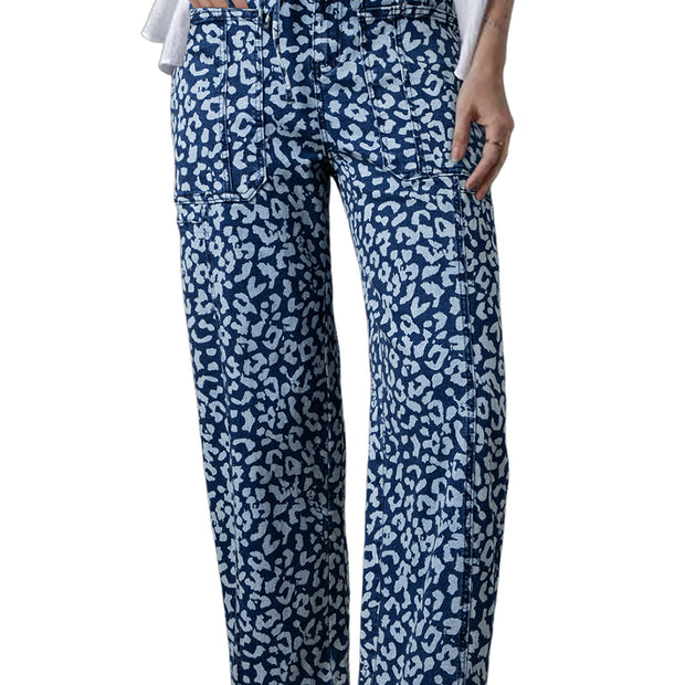 Khaki Leopard Print Drawstring Waist Pocketed Wide Leg Jeans