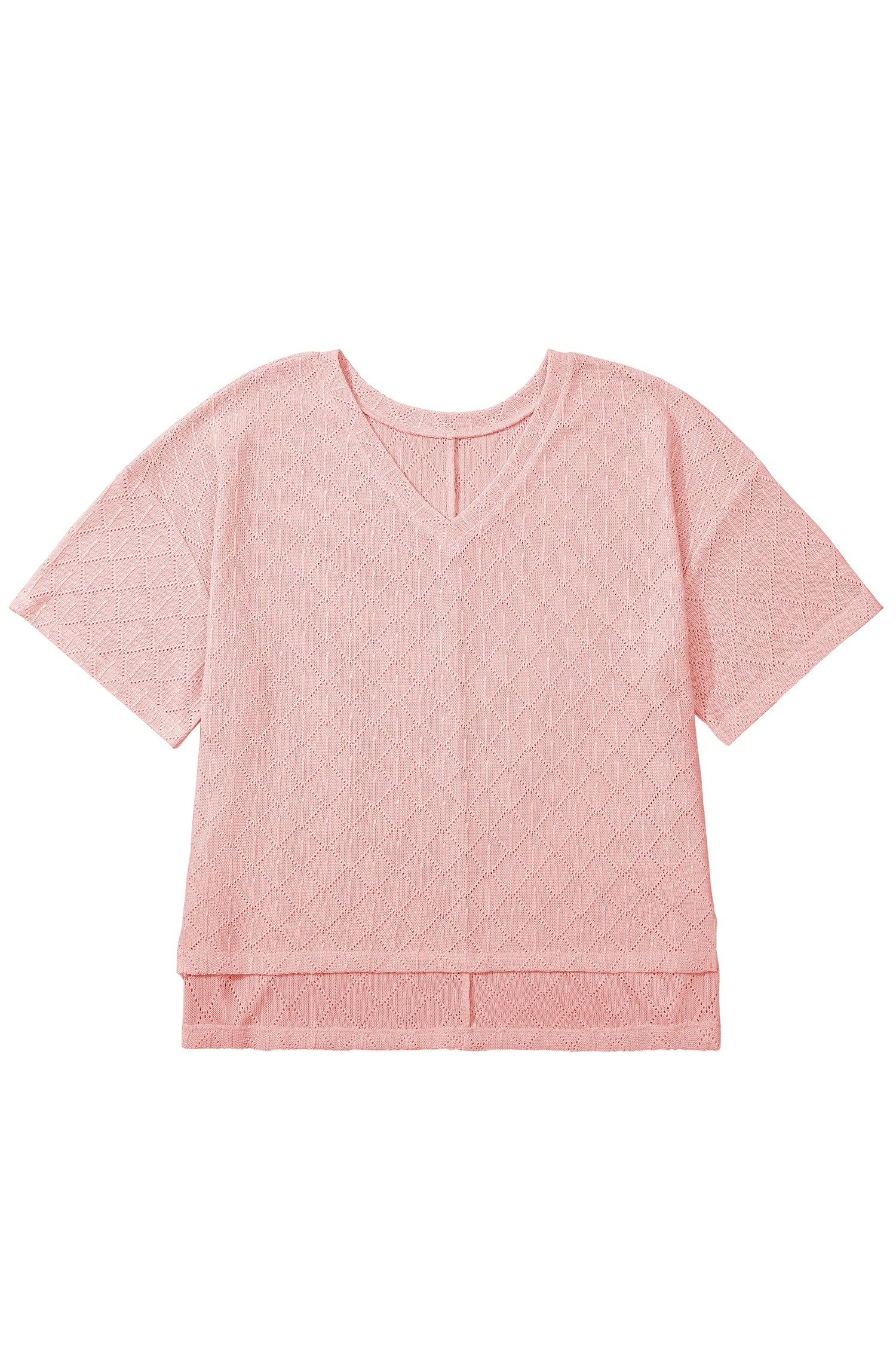 Black Pointelle Rhombus Knit Plus Size V Neck Loose Top