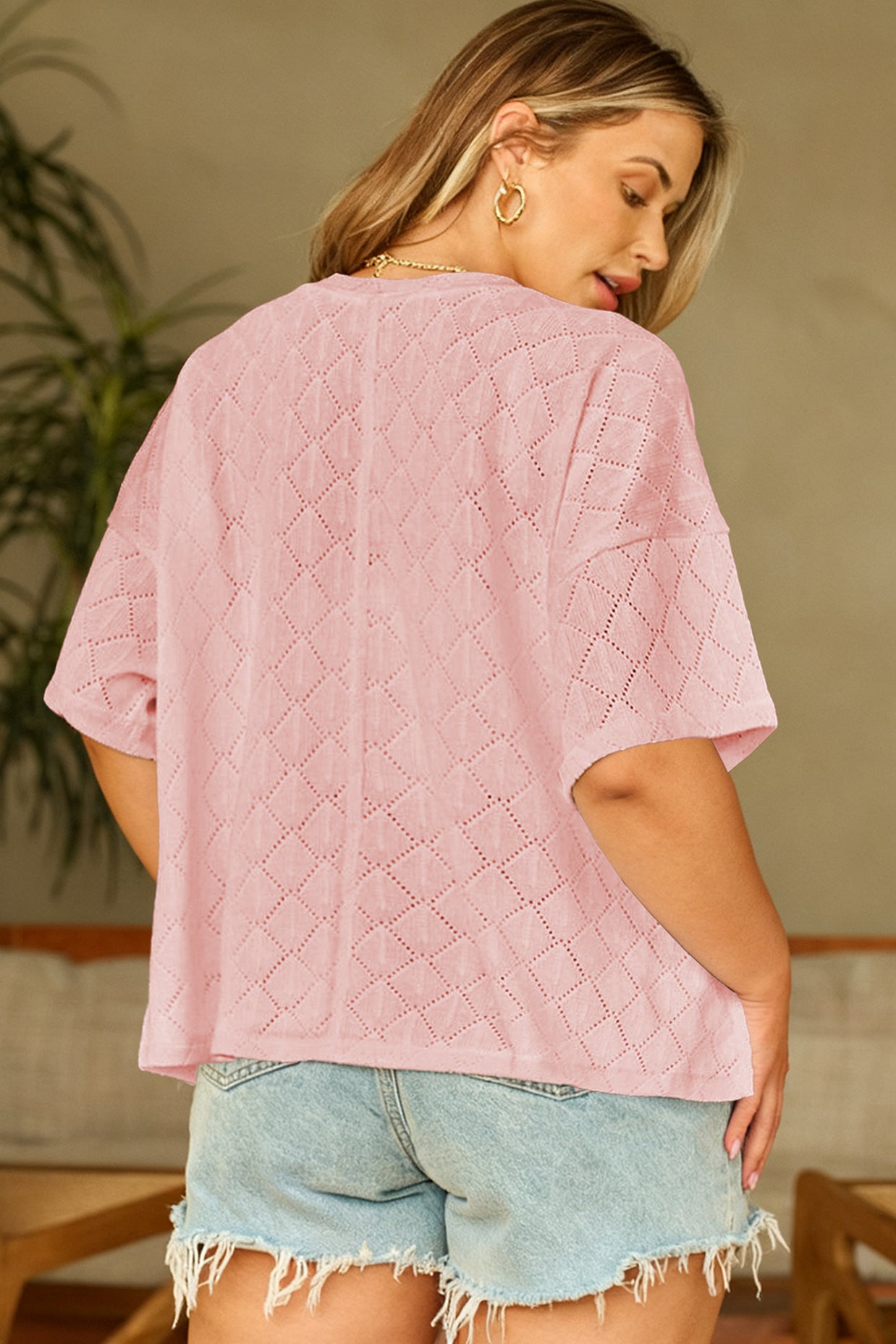 Black Pointelle Rhombus Knit Plus Size V Neck Loose Top