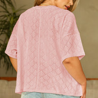 Black Pointelle Rhombus Knit Plus Size V Neck Loose Top