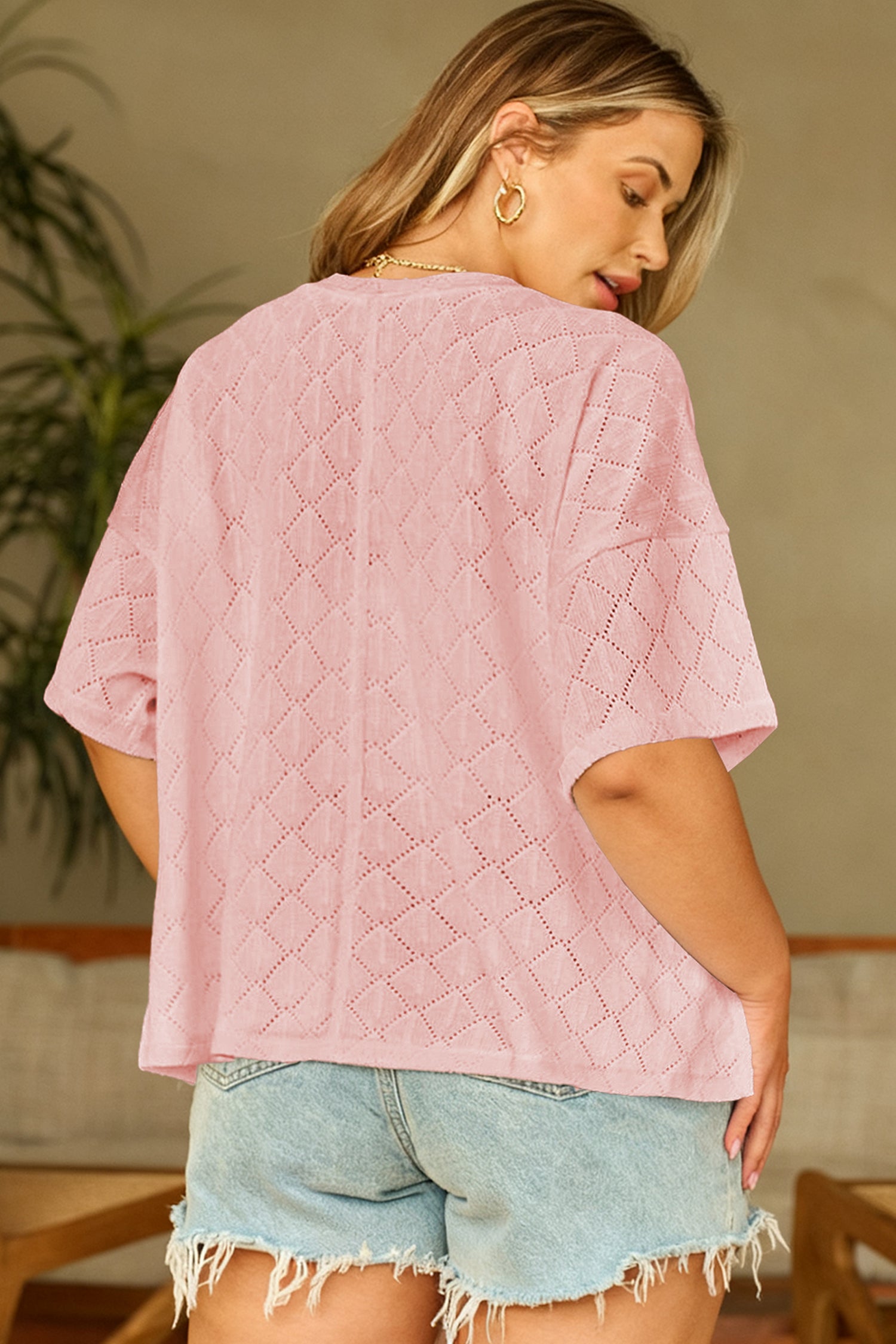 Black Pointelle Rhombus Knit Plus Size V Neck Loose Top