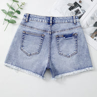 Beau Blue Pearl Studded Pocket Raw Hem Denim Shorts