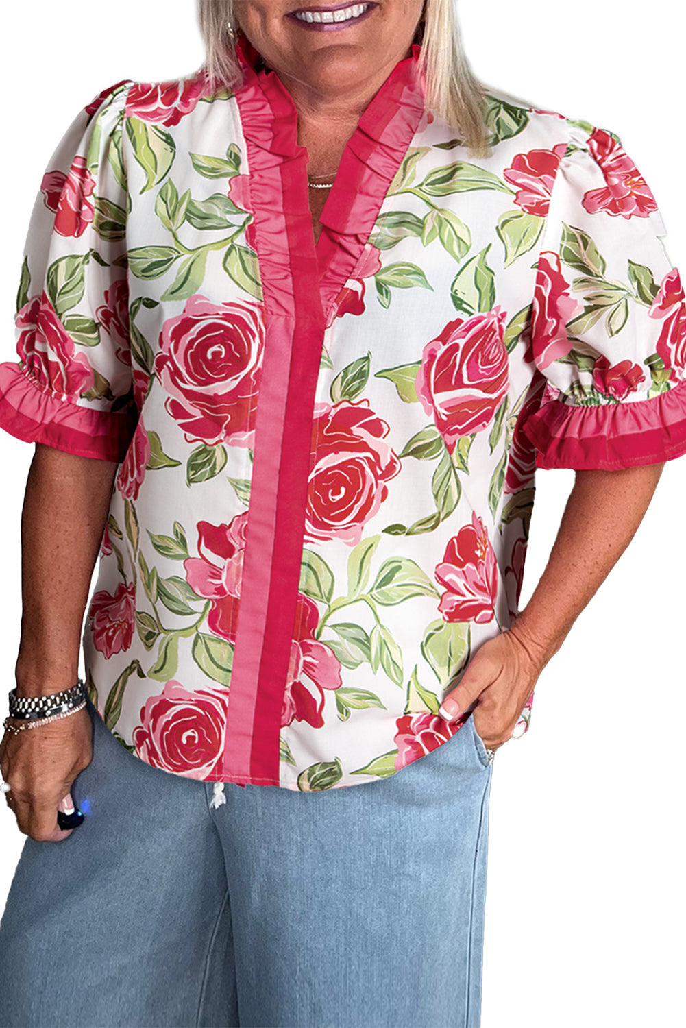 Rose Plus Size Floral Print Frill Neck Short Sleeve Blouse