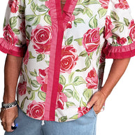 Rose Plus Size Floral Print Frill Neck Short Sleeve Blouse