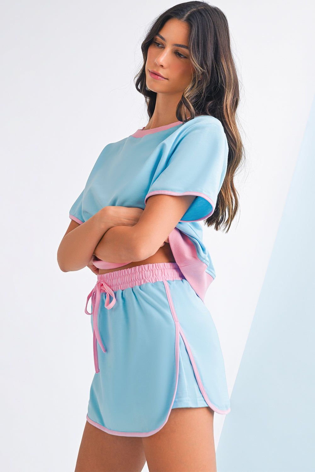 Bonbon Colorblock Edge Drop Shoulder T Shirt and Skort 2Pcs Set
