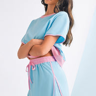 Bonbon Colorblock Edge Drop Shoulder T Shirt and Skort 2Pcs Set