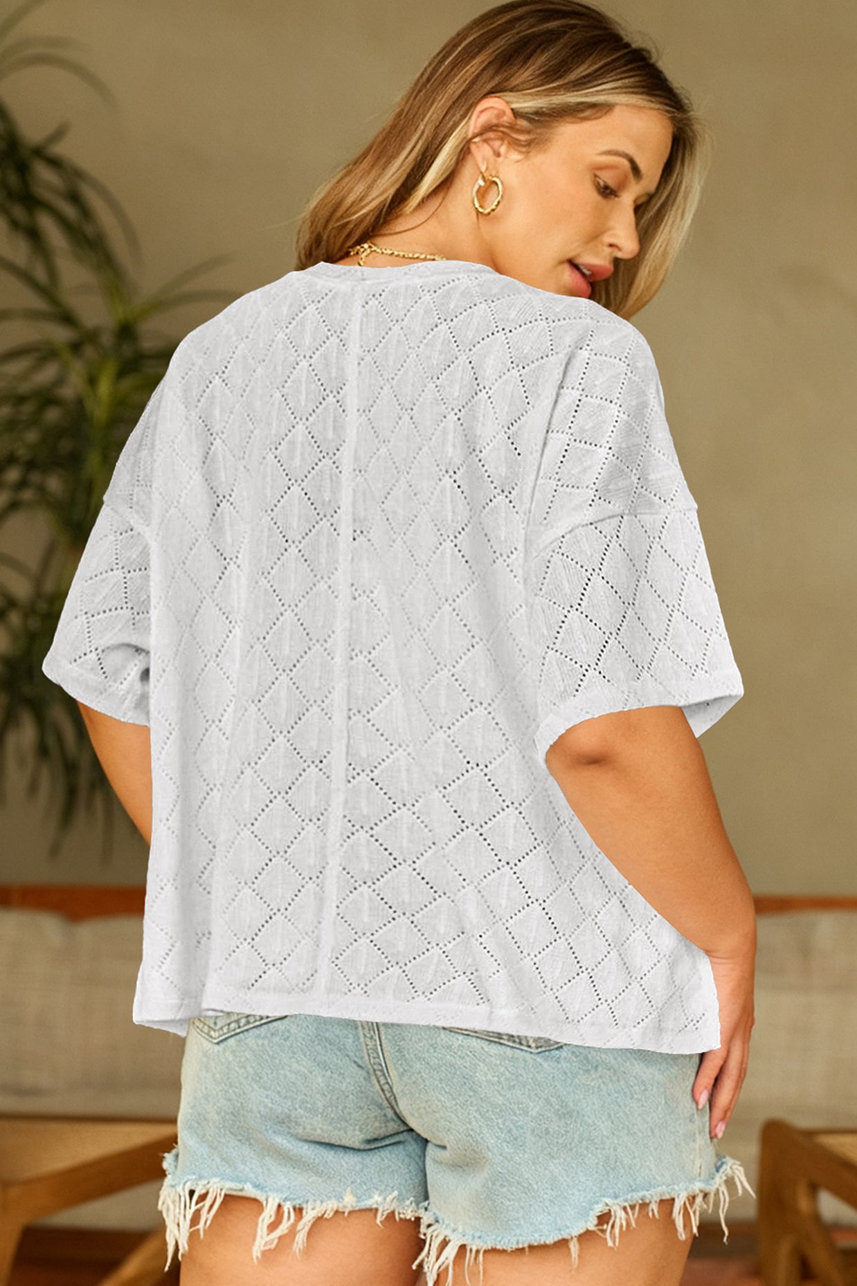 Black Pointelle Rhombus Knit Plus Size V Neck Loose Top