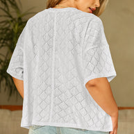 Black Pointelle Rhombus Knit Plus Size V Neck Loose Top
