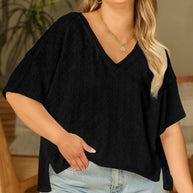 Black Pointelle Rhombus Knit Plus Size V Neck Loose Top