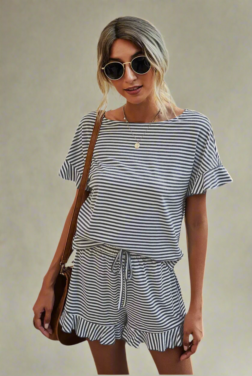 Round Neck Grey Striped Short-Set