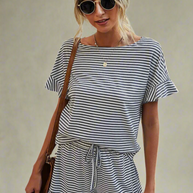 Round Neck Grey Striped Short-Set